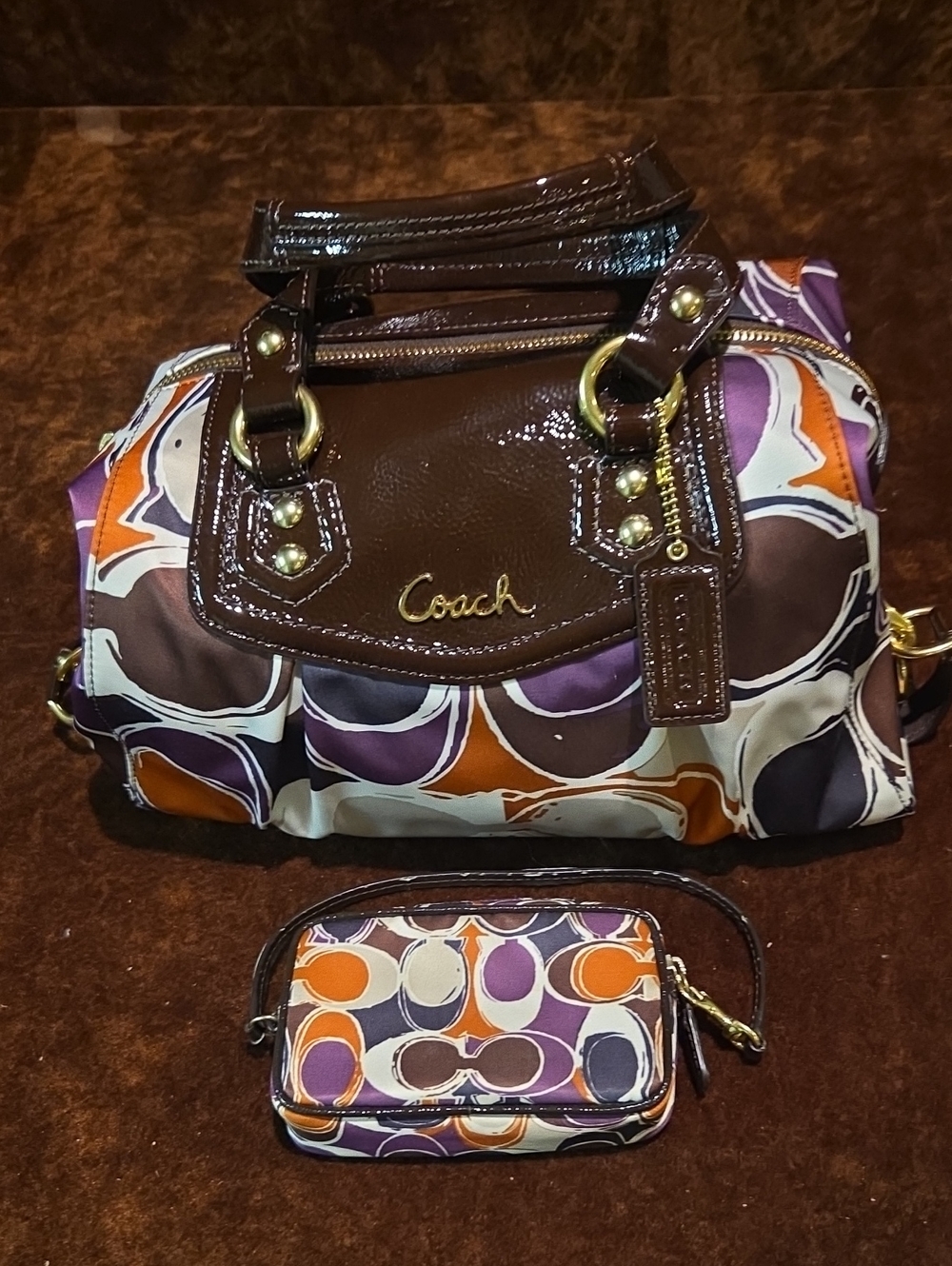 Coach Multicolor Signature Satchel in Brown, Purple & Orange